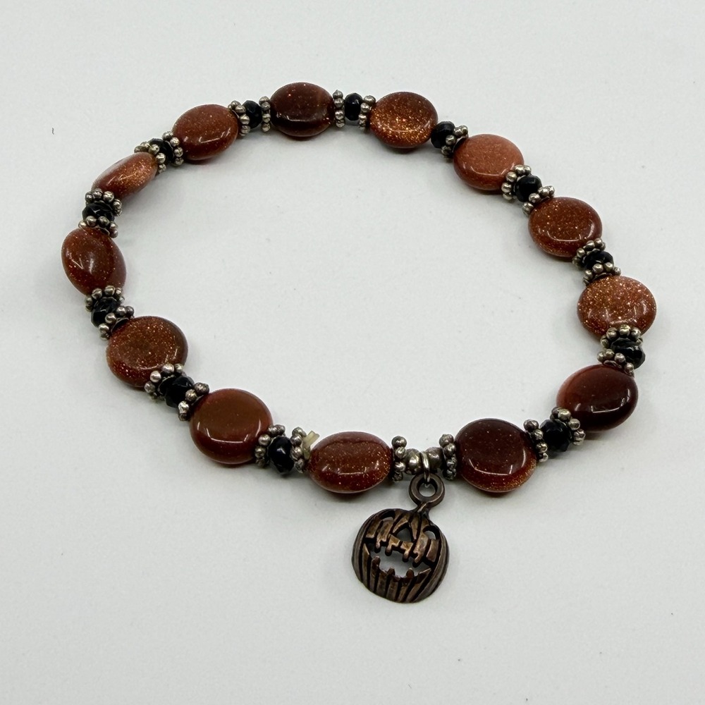 Y2K Spooky Halloween Goldstone Pumpkin Charm Bracelet Seasonal Autumn Festive